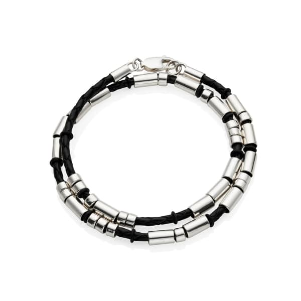 MenΓÇÖs Leather Silver Double Strand Morse Code Bracelet