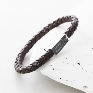 Men’s leather and silver engraved bracelet